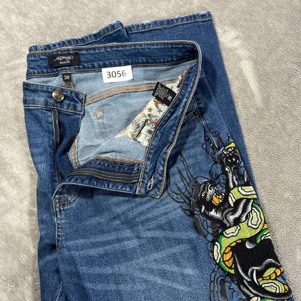 Ed Hardy Jeans Mens 38‎ Blue Embroidered Panther Snake Distressed Denim